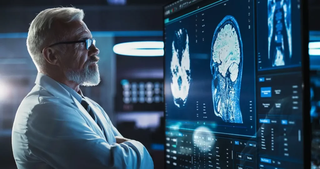 Physician reviewing brain MRI scans on a large display in a research laboratory